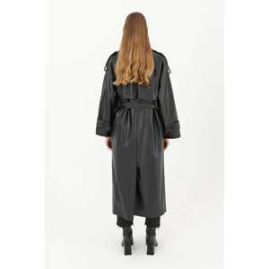 Abrigo largo de cuero genuino para mujer, negro, impermeable, informal, de manga larga, estilo tejido. - Product Image 5