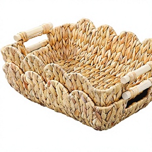 Paniers en jacinthe d'eau naturelle écologiques, rectangulaires festonnés, multifonctionnels, avec poignées de transport pour la cuisine - Product Image 1