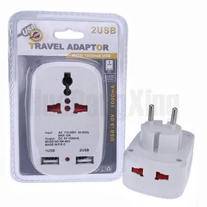 EU plug adapter with double USB two plugs to one plug DC5V1A with red indicate light travel Universal to schuko charge adapter