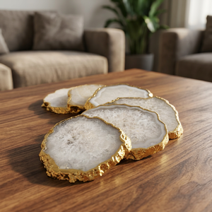 Handmade Polished <b>Green</b> Agate <b>Coaster</b> Set with Gold Trim Natural Crystal Geode Slice Home Decoration - Product Image 6