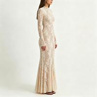 Robe longue en dentelle personnalisée pour femme, coupe trapèze, col montant, manches longues, broderie florale en dentelle, idéale pour invitées de mariage