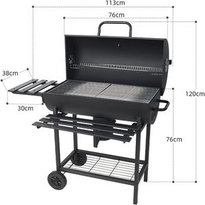 Heavy-Duty Outdoor Steel Barbecue Grill Powder Coated Trolley Adjustable Height <b>Smokeless</b> Chimney Thermometer Hooks - Product Image 3