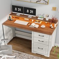 Bureau de direction en bois de style farmhouse de 47 pouces avec 3 tiroirs, éclairage LED, durable, unique, blanc, pour salon