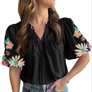 2025 Bán Buôn Chic Quần Áo Tùy Chỉnh Phụ Nữ Mùa Hè Màu Hồng Hoa Thêu Phun Tay Áo Chia Cổ Áo - Product Image 2