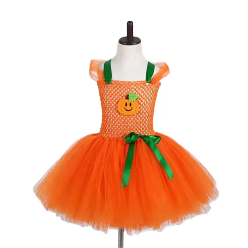 Halloween Holiday Atmosphere Kids Skirt Funny Yellow Pumpkin Pattern Girl Tulle Fluffy Tutu Dress