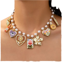 Bunga hati mata Faux manik mutiara sepatu bot Enamel trendi multi-pesona kalung pernyataan dengan liontin kelopak jenis rantai