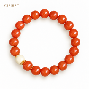 Pulsera Elástica de Cuentas Redondas de Ágata Roja Natural con Acento Tallado Blanco para Mujer, Joyería Personalizada al por Mayor - Product Image 1