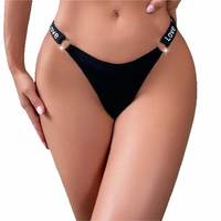 Culotte string taille basse sans couture respirante style européen avec imprimé lettres noires, anneau métallique en O et fines bretelles ajustables