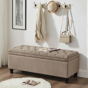 Panca contenitore imbottita trapuntata in tessuto di lino con gambe in legno - Product Image 2