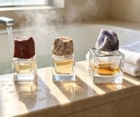 Vente en gros de flacons de parfum en verre rectangulaires de luxe personnalisés de 30 ml, 50 ml, 100 ml, avec vaporisateur à pompe, bouchon en pierre, boîte personnalisée