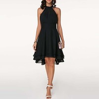 Nouvelle Collection Été 2026 SOLU – Robe à Col Halter Style Anglais, Épaules Dénudées, Ourlet Irrégulier, Coupe Trapèze, Double Couche à Volants