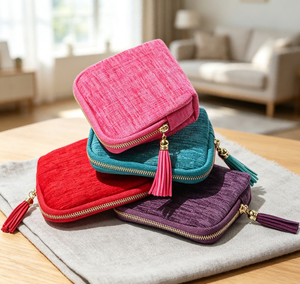 Pochette à bijoux portable haut de gamme faite à la main avec fermeture magnétique en tissu chenille épais, coloris Rose Rouge, Rouge Vif, Bleu Lac, Violet - Product Image 5