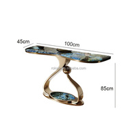 Offre Spéciale Console d'Entrée Dorée de Luxe, Design Unique, Base Métallique, Plateau en Dalle de Roche, Table Décorative pour Couloir, Villa, Maison ou Hôtel