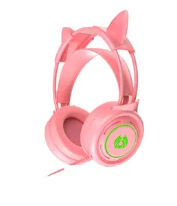 Auriculares con cable RGB y reducción de ruido, cascos para jugar con orejas de gato, color rosa, de baja latencia