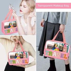 Bolsa de viaje de maquillaje de PVC impermeable de alta calidad, venta al por mayor, bolsa transparente con cremallera de chenilla, bolsa de cosméticos para <span class=keywords><strong>niñas</strong></span> con asa transparente - Product Image 3