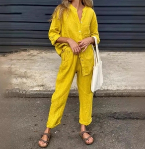 <span class=keywords><strong>Camicia</strong></span> da <span class=keywords><strong>donna</strong></span> in cotone <span class=keywords><strong>e</strong></span> <span class=keywords><strong>lino</strong></span> di grandi dimensioni in 2 pezzi, pantaloni larghi a vita alta, abbigliamento da casa da <span class=keywords><strong>donna</strong></span> - Product Image 2