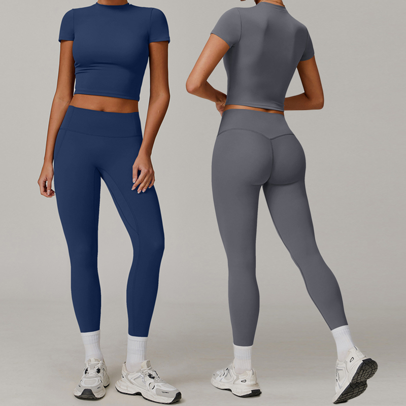 In Stock Two Piece Yoga Set Women Casual High Elastic Sports Suit Female Quick Dry T-Shirt Butt Lifting Leggings Fitness Sets