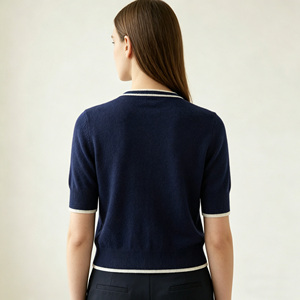 French Style Nautical Preppy Contrast Trim Premium <strong>Navy</strong> <strong>Blue</strong> Cashmere Wool Short Sleeve <strong>Cardigan</strong> with Polished Gold Buttons - Product Image 6