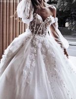 Robe de mariée à épaules dénudées à manches longues et à cœur brillant, robe de mariée en dentelle appliquée, robe de mariée de princesse Disney avec tulle scintillant