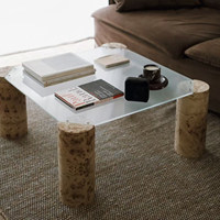 Table basse en verre transparent avec pieds en bois de burl naturel, table basse contemporaine