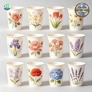 Vasos <span class=keywords><strong>de</strong></span> papel desechables con revestimiento a base <span class=keywords><strong>de</strong></span> agua, sin plástico, con logo personalizado impreso, diseño floral, venta al por mayor, ecológicos, para bebidas calientes. - Product Image 1