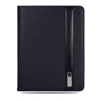 Carpeta con cremallera A4 con logotipo personalizado, carpeta de administrador de unidad flash USB de cuero PU para oficina de negocios