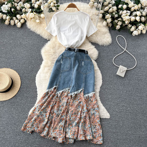 Conjunto de Dos Piezas a la Moda: <span class=keywords><strong>Falda</strong></span> <span class=keywords><strong>Vaquera</strong></span> <span class=keywords><strong>con</strong></span> Diseño Chic y Costuras Personalizadas y <span class=keywords><strong>Camiseta</strong></span> Blanca de Manga Corta - Product Image 3
