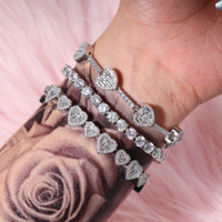 Dropshipping Ensemble de bijoux 3 pièces en laiton style Hip Hop, comprenant Bracelet cubain, Bracelet jonc et Bracelet tennis 5 mm, entièrement serti de zircon 5A en forme de cœur
