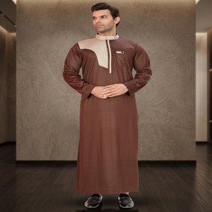 Túnica Tradicional Árabe para Hombre, Color Marrón con Bloques de Color, Manga Larga, Cuello Alto, Cierre Frontal con Cremallera, Largo hasta el Suelo, Jubba para Oración - Product Image 1