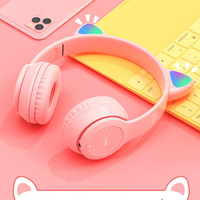 Casque sans fil P47 avec oreilles de chat mignonnes, lumière LED et fonction carte TF, casque de jeu sans fil pour enfants