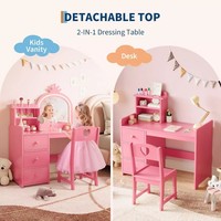 Coiffeuse en bois de luxe pour enfants avec tiroirs de rangement, table de maquillage éclairée pour enfants avec miroir et chaise pour chambre à coucher