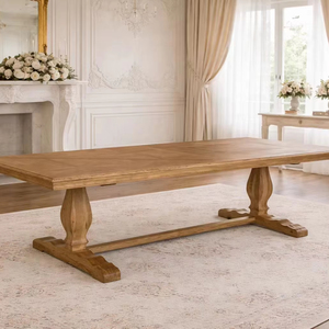 ชุดโต๊ะรับประทานอาหารยาวแบบขาตั้งไม้โอ๊คแท้สไตล์ฝรั่งเศสโบราณหรูหรา รุ่น T159-300P พร้อมพื้นผิว<span class=keywords><strong>ไม้</strong></span>ปาร์เก้ เหมาะสำหรับงานแต่งงานและงานอีเว้นท์ - Product Image 1