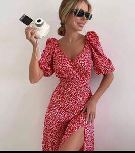 Милый стиль с высокой талией летнее Повседневное Платье макси с V-образным вырезом и коротким рукавом с цифровой печатью MOQ 2 шт. - Product Image 6