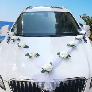 לבן עלה פרחים מלאכותיים לקישוט רכב חתונה כלה רכב קישוטי דלת ידית סרטי משי פרח