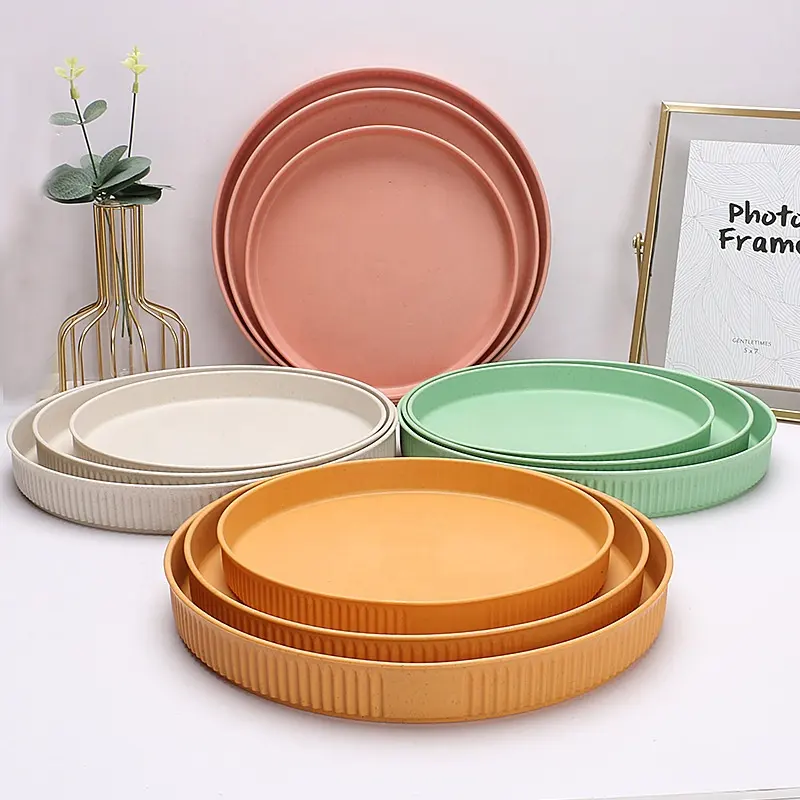 Экологичные круглые тарелки из пшеничной соломы, дешевые легкие пластиковые глубокие обеденные тарелки оптом