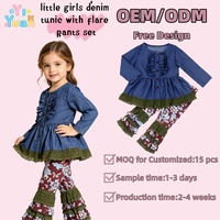 Op maat gemaakte denim tuniek met ruches voor meisjes, bloemenprint, meerlaagse ruches, wijde broek, kinderboetiek kleding, 2-delige set