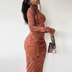 Robe moulante décontractée pour femme à manches longues et col rond, imprimé vagues, tendance - Grande Vente - Product Image 2