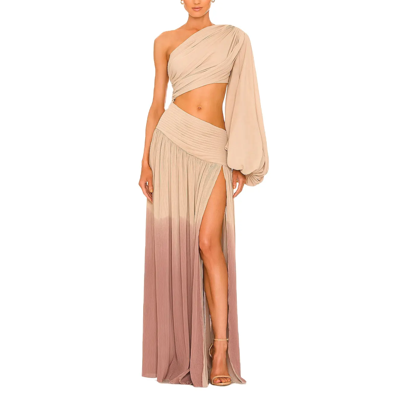 High Quality Custom One Shoulder Long Sleeve Pleated Dress Sexy Tie Dye Cut Off Evening Elegant Slit Maxi Dresses Women