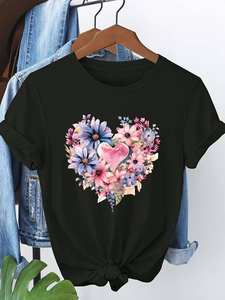 T-shirt da donna con stampa floreale a cuore, manica corta, girocollo, vestibilità ampia casual, 100% cotone, primavera estate, lavabile in lavatrice - Product Image 3