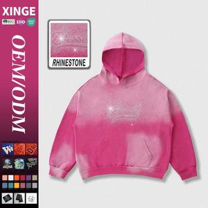 ผู้ผลิต OEM เสื้อฮู้ดดี้ทรงบ็อกซี่ พิมพ์ลายกราฟิกประดับเพชรเทียม สไตล์วินเทจ ลุคซักซีด ขาดๆ แบบโอเวอร์ไซส์ สำหรับผู้ชาย - Product Image 1