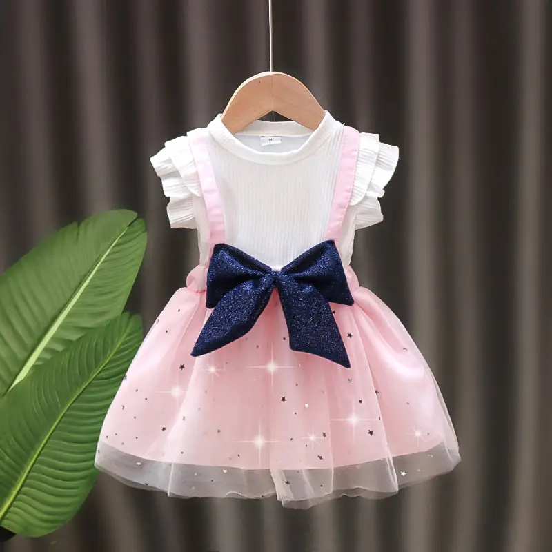 boutique children's fashionable clothing sleeveless big bow knot skirt baby girls' tulle casual dress for 1-9 years girls