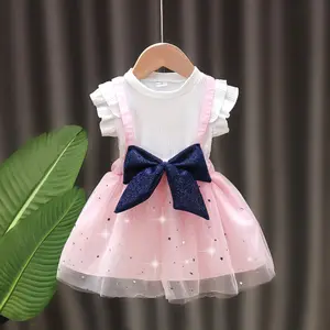 Boutique de vêtements à la mode pour enfants, jupe sans manches avec gros nœud papillon, robe décontractée en tulle pour filles de 1 à 9 ans