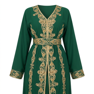 Robe de soirée modeste en crêpe uni vert brodé, col rond, détails perles dorées, longueur ras du sol, silhouette droite - Product Image 1