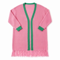 Cardigan long en maille pour femme grande taille, à logo personnalisé, manches longues, ouvert sur le devant, bord contrastant vert, ourlet à pompons, vêtement d'extérieur
