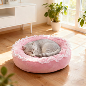 Pink Round Cat <b>Bed</b> Soft Velvet Pet Sleeping Nest For Indoor Cats Winter Warm <b>Comfortable</b> House - Product Image 3