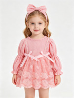 Robe barboteuse à manches longues en dentelle pour bébé fille BX657 avec bandeau à nœud et chaussettes assorties