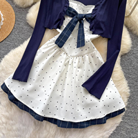 Ensemble deux pièces élégant à pois avec nœud à la taille et manches longues pour femme – Style Preppy, idéal pour l'été et les trajets quotidiens