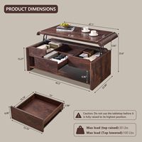 Table basse relevable de 47 pouces avec tiroir coulissant de rangement, design profilé incurvé, base sur pied, plateau épaissi, bois brun pour