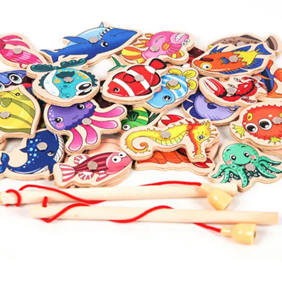 Wooden Magnetic Fishing Game Cartoon Marine Life Cognition Fish Rod Toys for Kids Early Educational Parent-child Interactive