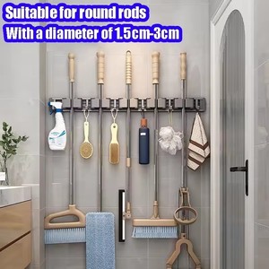 Self-Adhesive Metal <strong>Wall</strong> Mounted <strong>Mop</strong> Broom Organizer Rack with 5 Strong Hooks for Kitchen Bathroom Cleaning Tools Storage - Product Image 3